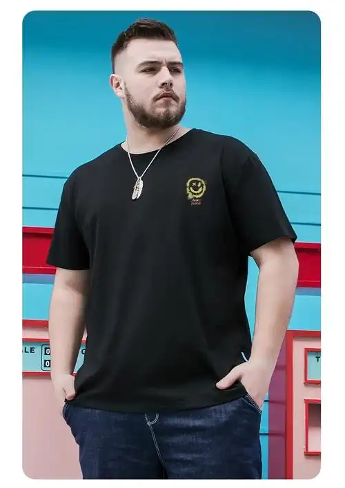 胖子圆领t恤加肥加大肥佬笑脸涂鸦休闲内搭男士衣服黑色2xl170190斤