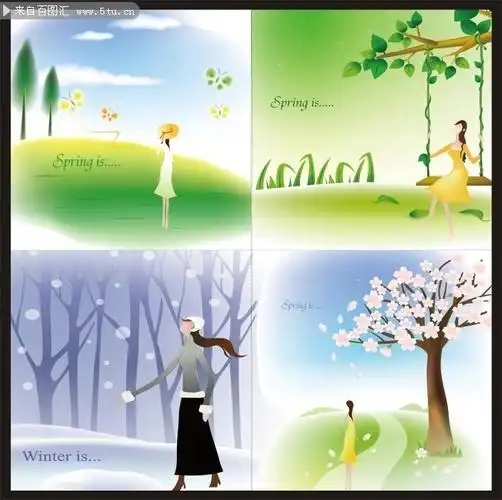 四季美女插画-卡通人物-百图汇素材网