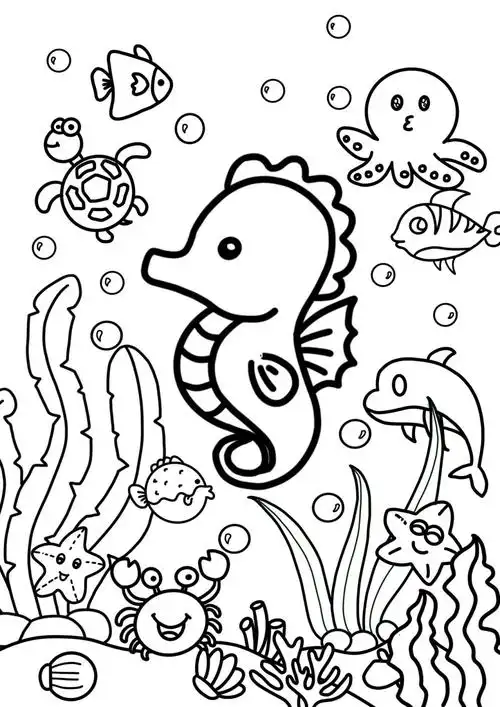 打卡17100儿童画海底世界高清附线稿