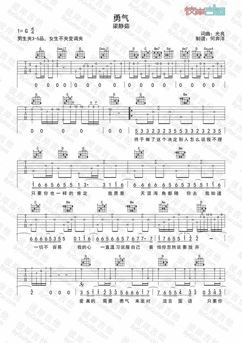 勇气吉他谱 梁静茹-彼岸吉他 - 一站式吉他爱好者服务平台