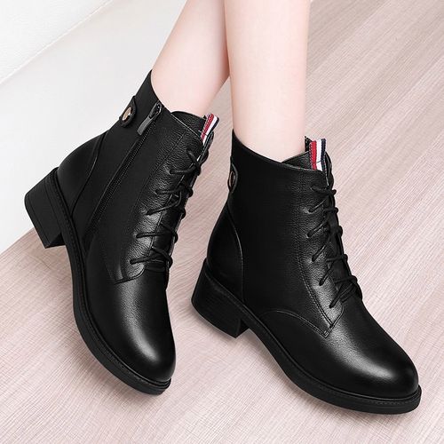 真皮短靴女2021秋冬季新款女鞋中跟马丁靴女英百搭伦风单鞋女靴粗跟