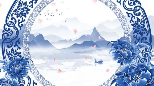 中国风水墨青花瓷宫廷飘落舞台背景ae模板
