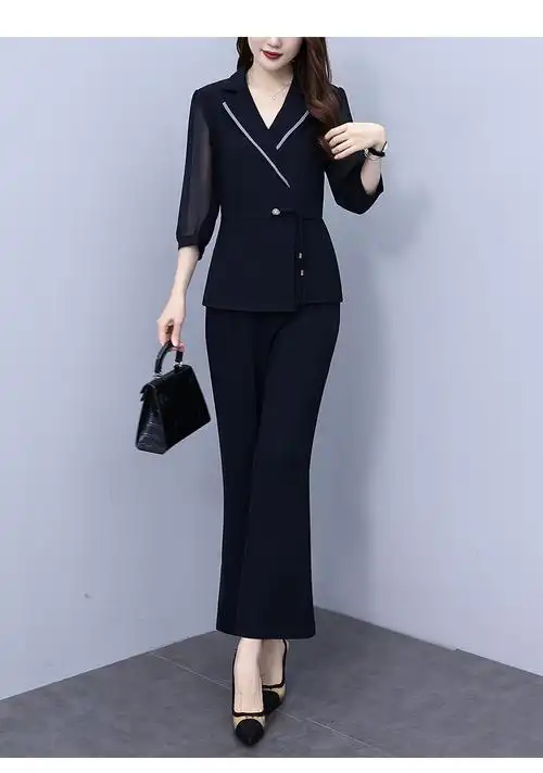 2024春夏新款洋气减龄职业装大码女装时尚西装领上衣阔腿裤两件