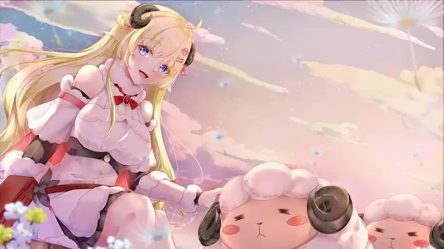 绵羊女孩抚摸羊花海天空风4k高清动漫壁纸