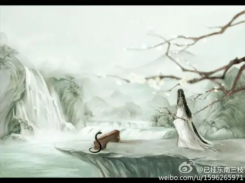 求一张图片,一个古风的白衣男子抱着古筝,身后跟着一条黑色的蛇