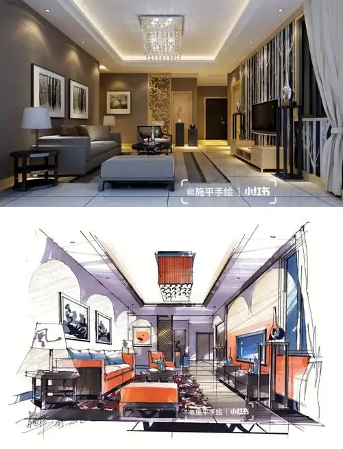 室内设计手绘客厅线稿马克笔上色步骤