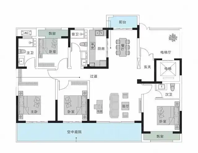 今天为大家带来一款建筑面积200平米四房两厅三卫的入门级大平层户型