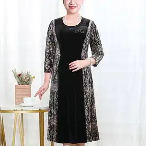 一品奴大码女装春秋加肥加大中年妈妈金丝绒连衣裙中长款宽松过膝