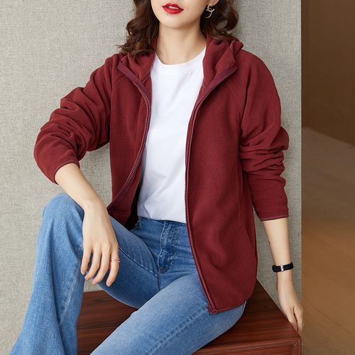 连帽摇粒绒外套女春秋装运动休闲抓绒上衣紫红色拉链短外套