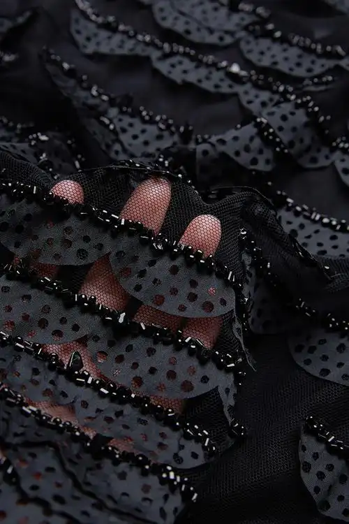 adoritz/阿朵丽兹 黑色镂空珠花蕾丝top衫无袖衬衫彼得潘领奢华唯美