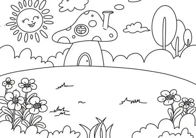 素材简笔画森林儿童主题简笔画故事性四宫格儿童画 情景画 填色 线稿