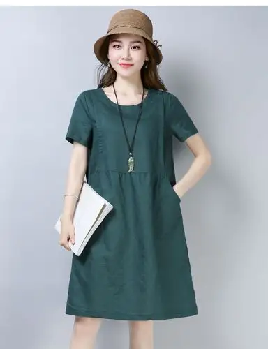 棉麻连衣裙女夏2019新款宽松休闲小个子简单遮肚子亚麻女装布裙子