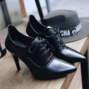 2017秋季新款深口单鞋尖头系带细高跟女士小皮鞋女鞋裸靴及踝单靴