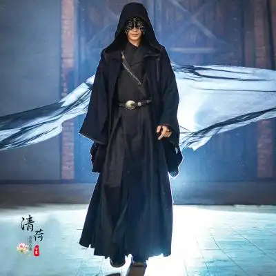影视古装棉麻黑衣人武侠汉服男客服夜行黑色民族服装