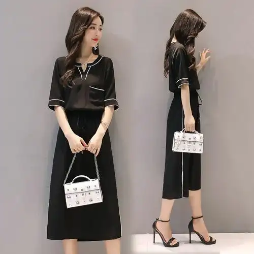 2018夏新款韩版女装v领气质修身中长裙短袖连衣裙时尚修身系带裙