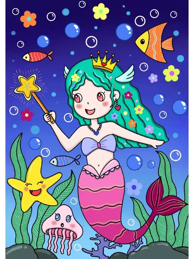 儿童画/《可爱的美人鱼》/儿童创意美术 画种:儿童画 年龄:5~8岁儿童