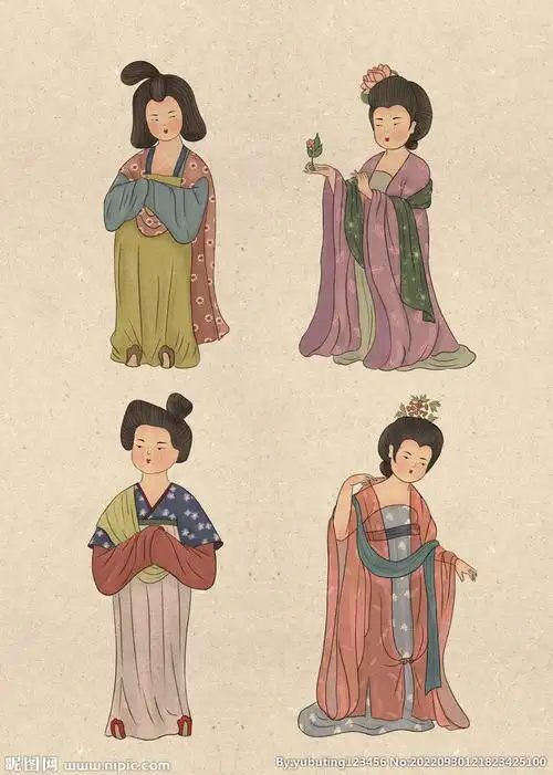 一组唐朝仕女图插画人物形象卡通