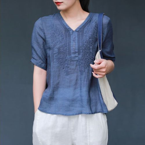 lareen fitty轻奢品牌 棉麻短袖t恤女刺绣花新款宽松套头上衣v领亚麻