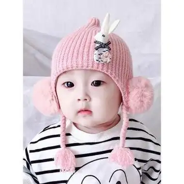 小兔子婴儿帽子春秋冬012个月3婴幼儿护耳毛线女童6宝宝可爱超萌