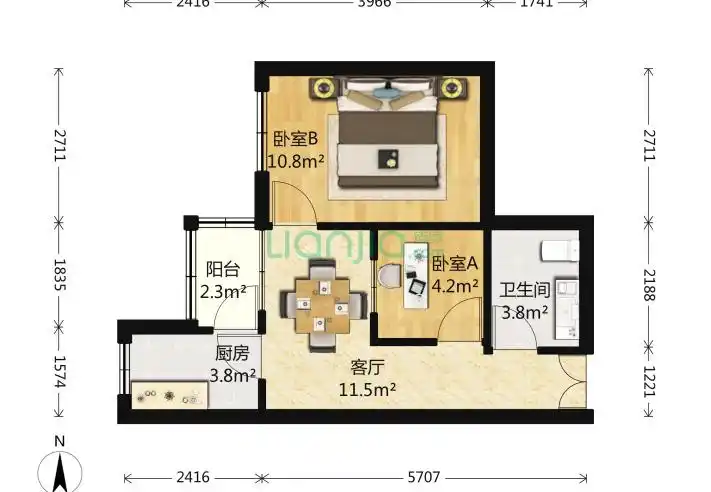 程庄南里2室1厅1卫50平米装修案例