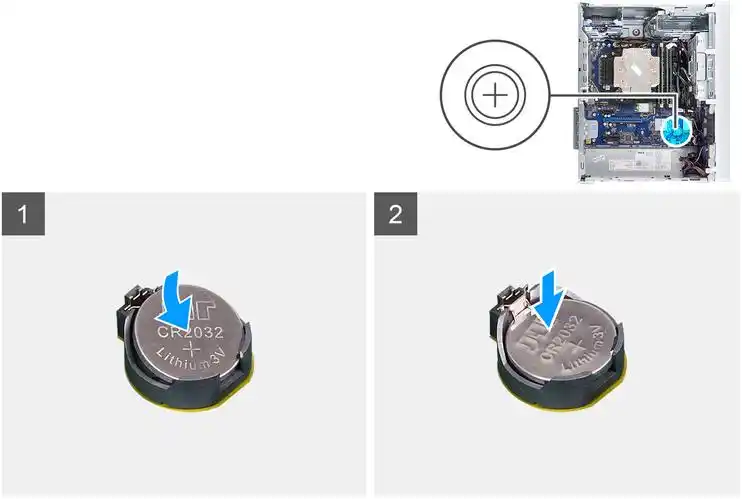 将纽扣电池插入插槽,使标有正极 ( ) 标签的一面朝上,然后将电池向下
