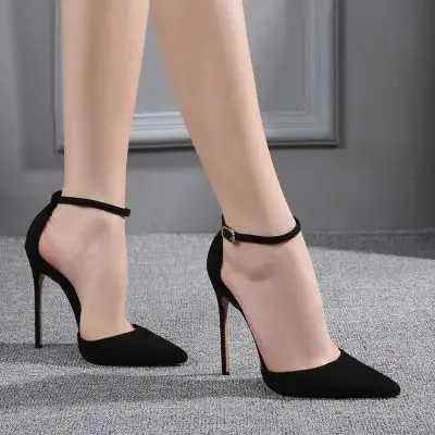 欧美春季新款黑色绒面尖头一字扣带高跟单鞋性感12cm细跟浅口女鞋