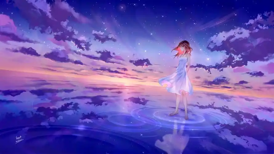 海边少女 白色裙子 水 星空4k唯美动漫壁纸_4k动漫图片高清壁纸_墨鱼