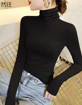 然往黑色打底衫女秋冬季新款洋气内搭莫代尔长袖加绒上衣黑色堆堆领