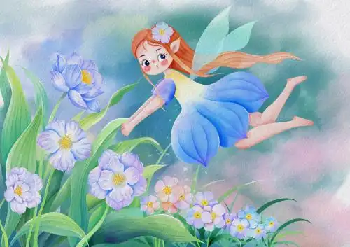 可爱花仙子花丛玩耍插画