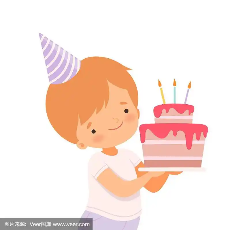 小男孩戴着生日帽,拿着带蜡烛的蛋糕矢量插图