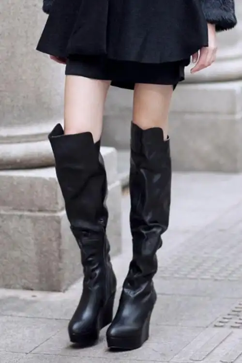 欧美明星同款坡跟真皮外贸原单正品尾货超长过膝靴子长靴女鞋女靴