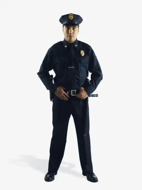 东方人,一个人,警察,警卫,站,竖图,室内,白天,白色背景,正面,工作服
