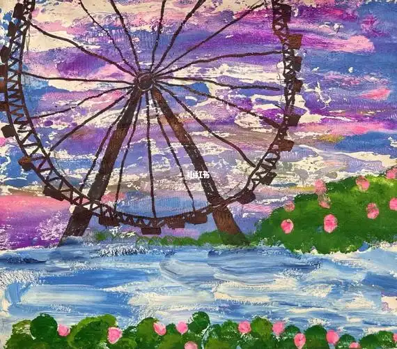 摩天轮儿童画重彩油画棒水油分离