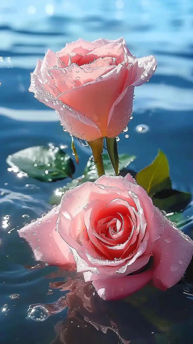 在碧海蓝天之下,几株粉色玫瑰花舞动着宛如水中精灵.
