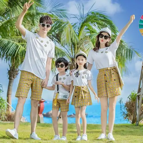 爱欣贝贝四口短袖洋气裙装子女夏母家庭亲子装一家亲子装