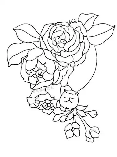 第三朵花往右下角延伸出小的花朵,最后适当的穿插着画几片叶