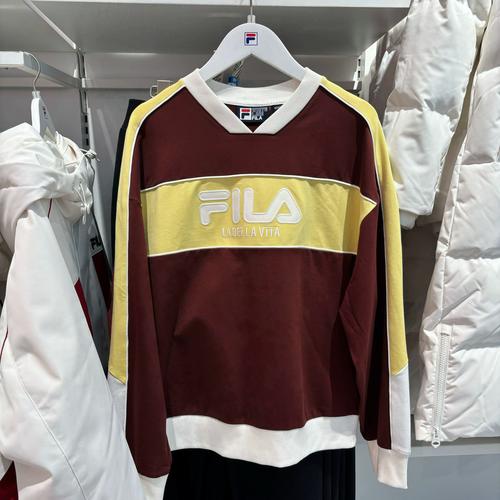 fila 斐乐女子套头卫衣24秋季宽松拼色v字立领针织上衣f11w439215
