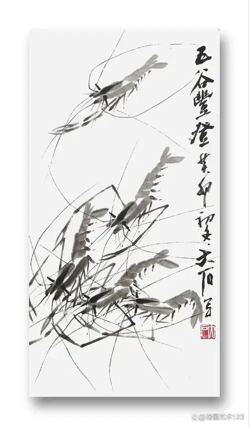 大石先生精心钻研齐派墨虾几十年,经过不懈地努力功力战ゾ,画