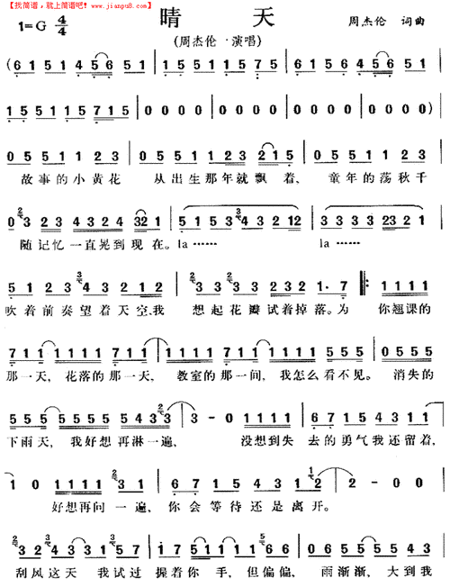 周杰伦晴天钢琴简谱