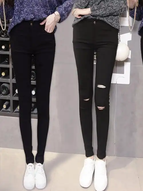 破洞打底裤女外穿潮流高腰小脚裤显瘦百搭紧身黑色裤子韩版小黑裤