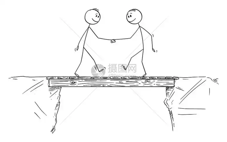 矢量卡通插图绘制两个男人或商在桥上握手的概念插图商业合作概念插画