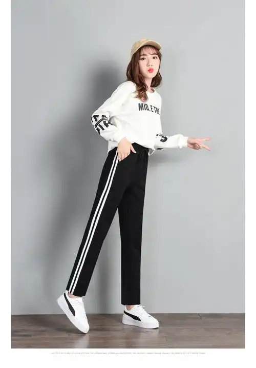 加长运动裤女高个子加绒裤子宽松新款直筒女裤春秋季中学生休闲裤黑色