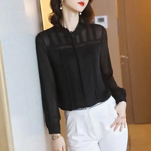 真丝衬衫女高端新款黑色蕾丝网纱长袖衬衣大牌时尚洋气桑蚕丝上衣