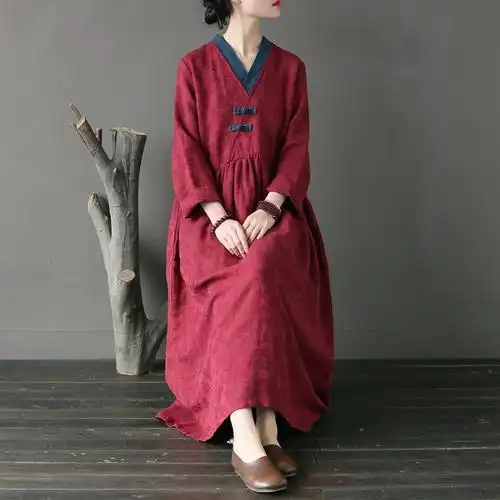 民族风女装春秋原创大码宽松棉麻连衣裙禅意复古提花亚麻长裙袍子