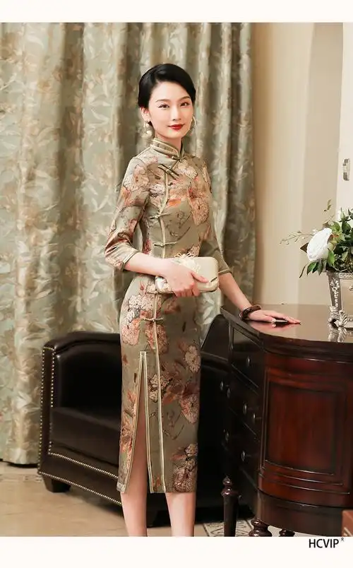 汇承(hcvip)高端真丝春季旗袍长袖中国风年轻款气质优雅七分袖长款