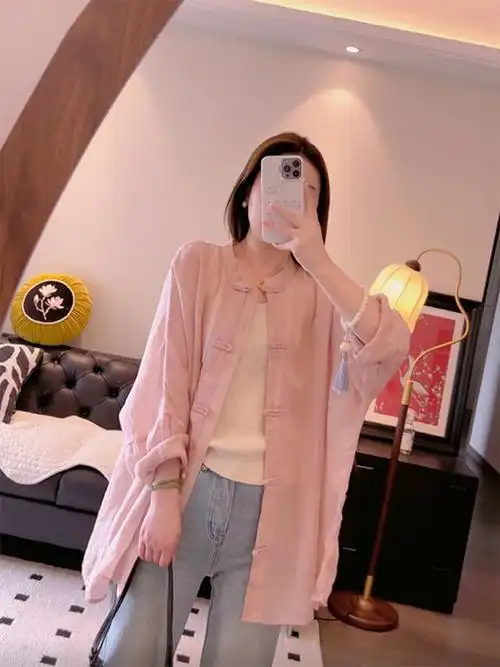 新中式粉色亚麻长袖衬衫女夏季中长款外搭衬衣宽松薄款防晒衫上衣