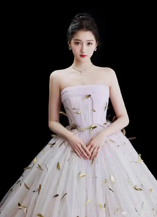 关晓彤鎏金羽毛纱裙##关晓彤
