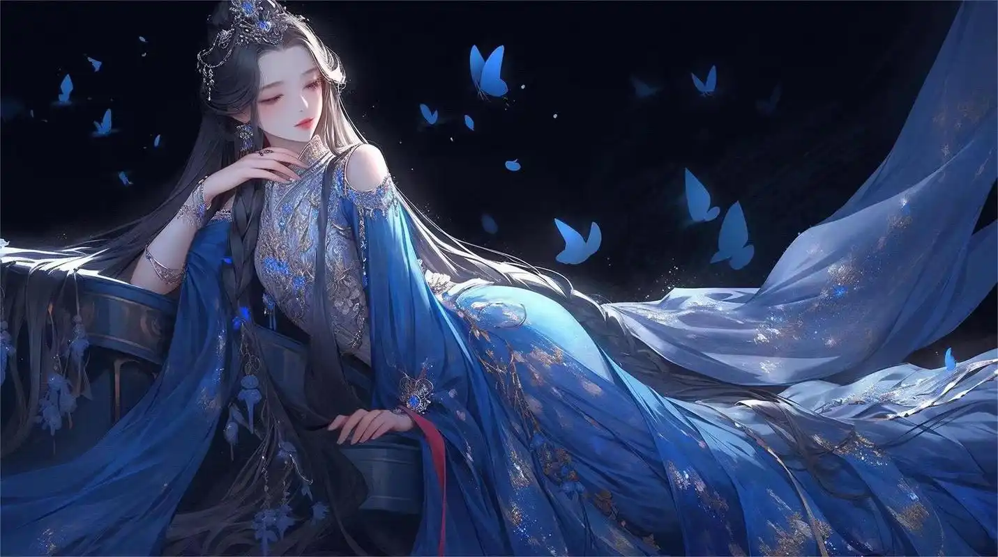 蓝色系横版古风插画:水袖舞姬唱今生,有幸流年曾相识.