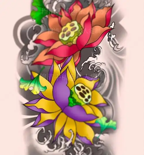 莲花花臂设计海浪纹身纹身图案