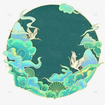 绿色圆形国风国潮祥云仙鹤插画元素
